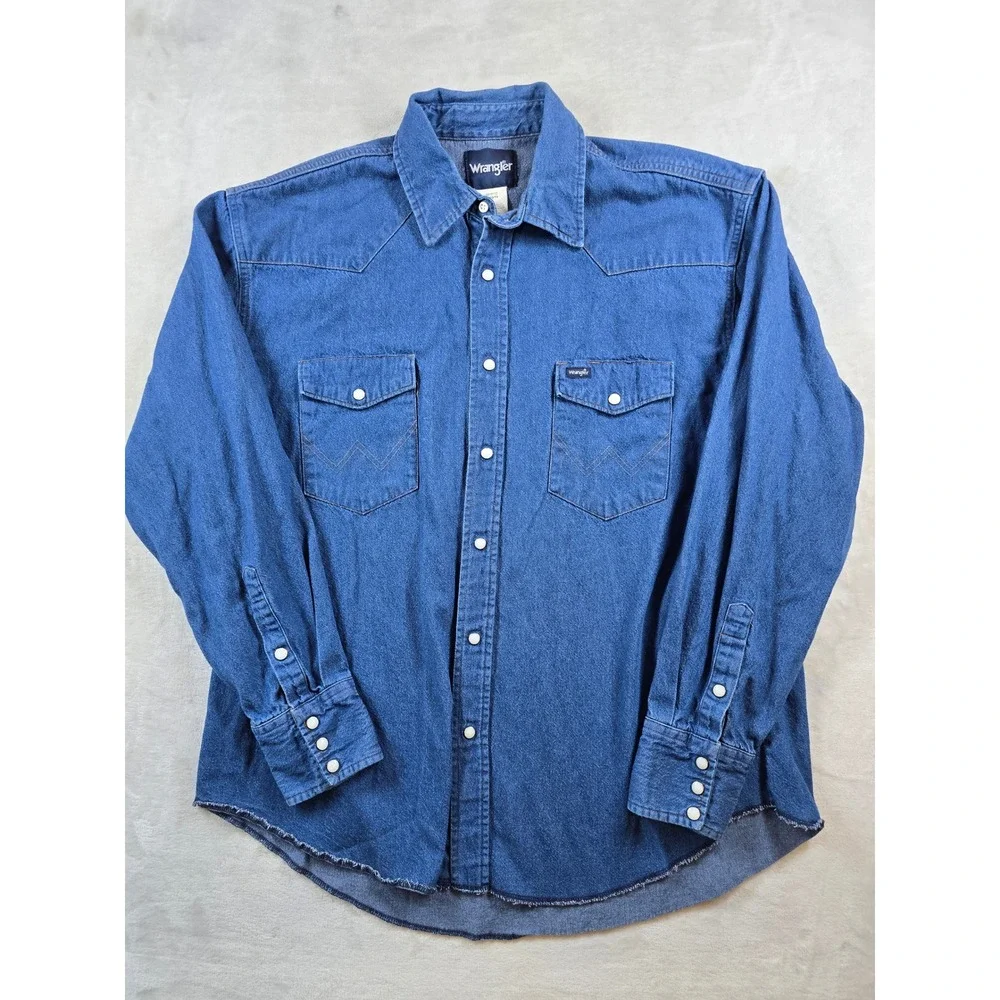 Wrangler Denim Western Shirt Mens XL Blue Jean Cotton Pearl Snap Raw Hem